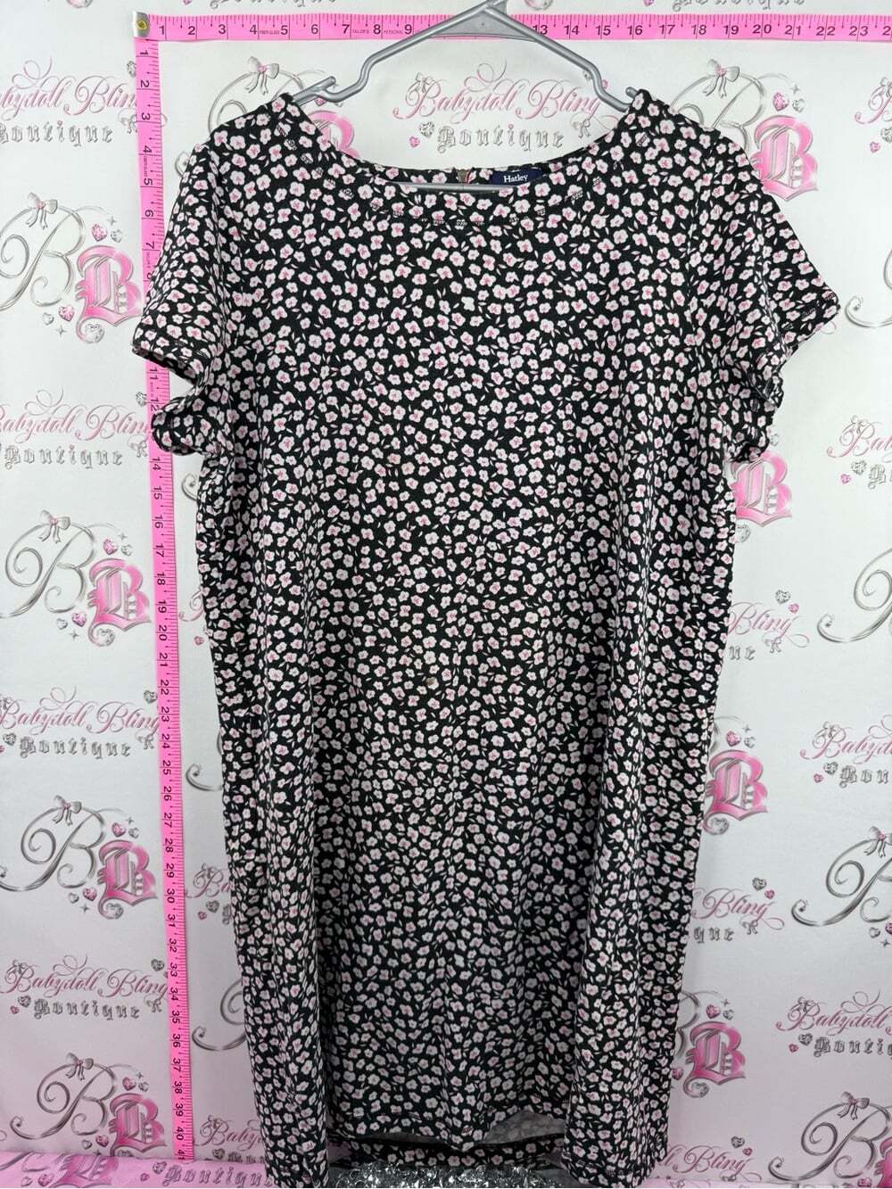 Hatley dress flowers pink white Black Dress with Pink Floral Print tassle pink